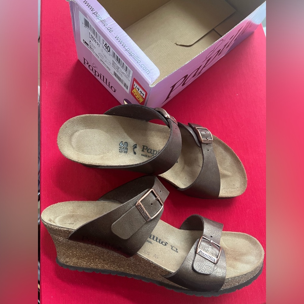 40 BIRKENSTOCK papillio DOROTHY wedge heel graceful toffee leather cork in box